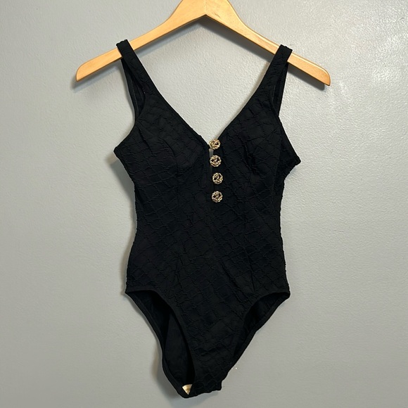 Vintage Black one piece swimsuit with gold tone buttons size small - Picture 1 of 15